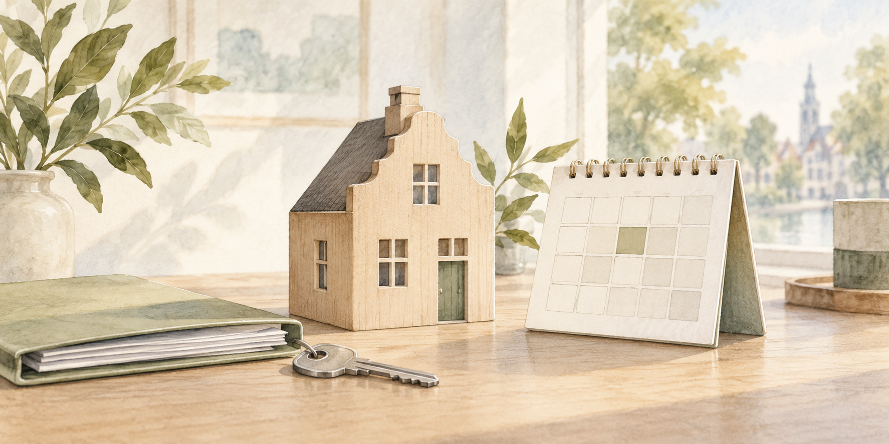 Illustratie van een houten huis, een kalender en een huissleutel bij een taxatiedossier.